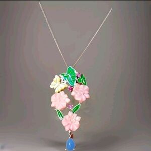 Jardin Collection Jade, Mother of Pearl, Garnet Flower Necklace Platinum Plated